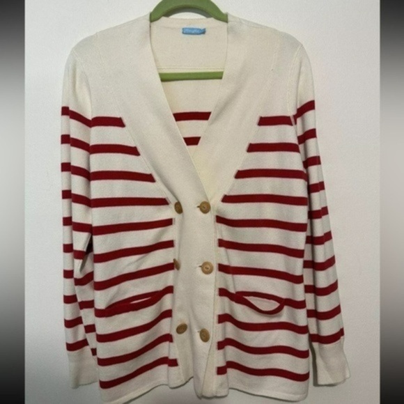 J. McLaughlin Size small Red & Cream Button Front Cardigan Sweater Pocketed D - Picture 1 of 7